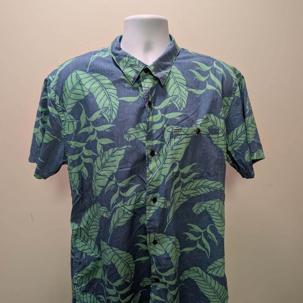 Hurley Blue Shirt with Green Leaf Print